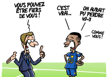 Macron réconfortant Mbappé vu par Wingz pour l’Echo du Mardi