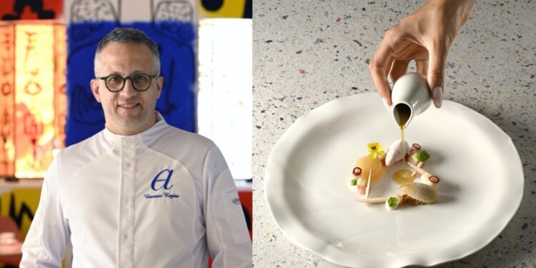 La recette de dessert à la pêche blanche du chef Vincenzo Regine